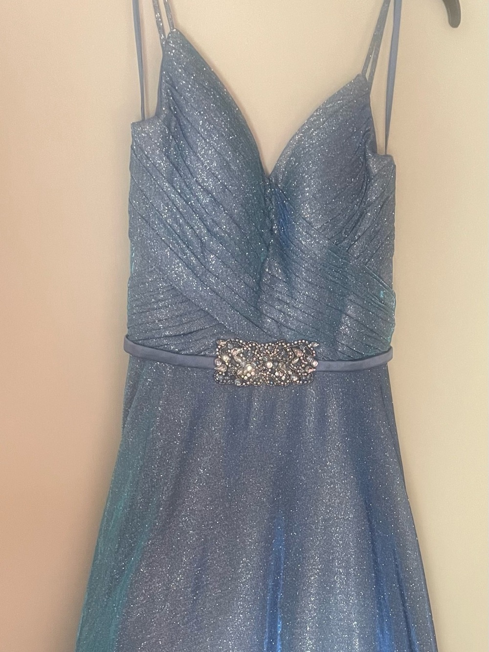 Terani Couture Shimmering Blue Formal Dress with Jeweled Waist